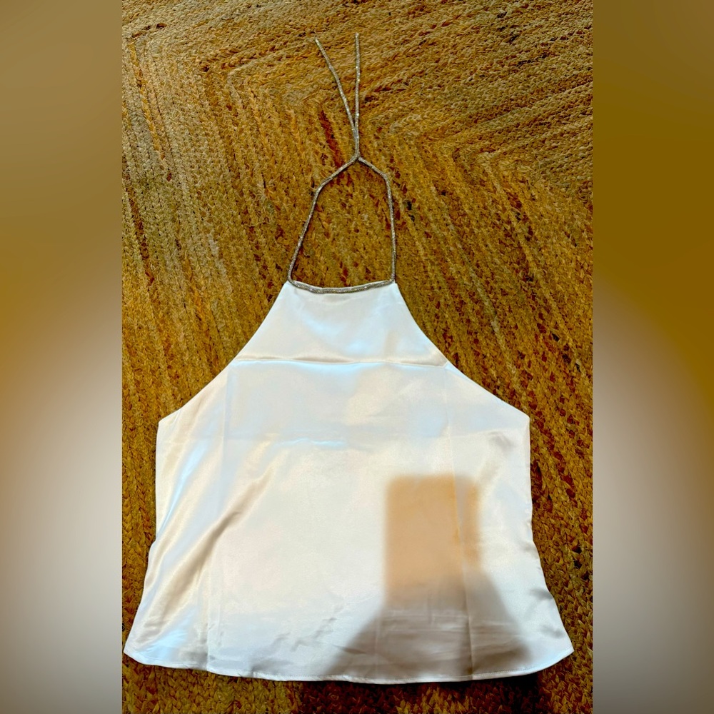 Brand new satin halter with rhinestone straps